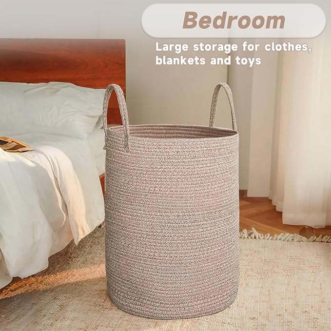 JMvicyroam Large Woven Laundry Basket Hamper,60L Cotton Rope Storage Bin for Blankets,Toys and Clothes,Decorative Tall Nursery Hamper for Living Room,Baby Nursery,Bathroom and Bedroom,Oatmeal