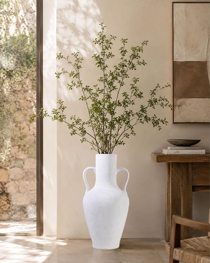 20.5in Tall Ceramic Floor Vase with Vintage Handles, White | Large Antique White Ceramic Floor Vase with Beige Speckles, Distressed Details and Vintage Handles for Rustic Home Decor