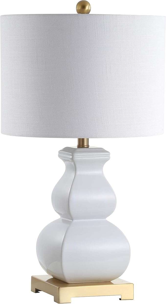 JONATHAN Y 25.5" White/Gold Ceramic Table Lamp for Living Room Bedroom, White Linen Shade, Modern Footed Vase Bedside Lamp, LED Bulb Included, UL Listed (JYL3049B)