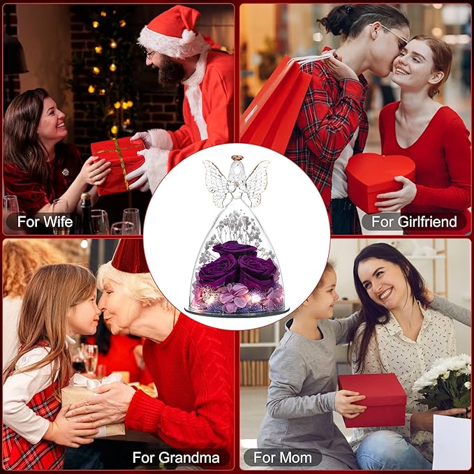 Mothers Day Rose Gifts for Women Preserved Real Flower in Glass Angel Figurines Roses for Delivery Prime Birthday Gifts for Mom Grandma Girlfriend Wife Her - Purple