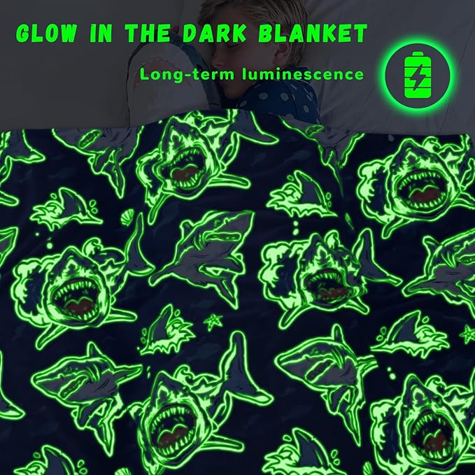Shark Throw Blanket for Boys, Glow in the Dark Fish Blanket for Bedroom Travel, Cozy Soft Warm Ocean Animal Fleece Throws for Home Room Decor, Shark Boys Toys Gifts for Kids Toddlers, 50"x60"