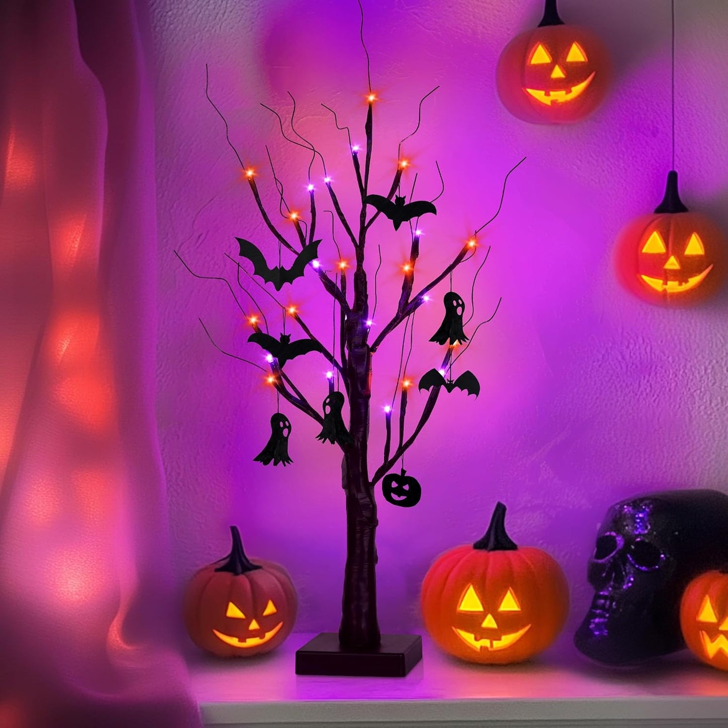 Halloween Decorations Indoor,2 Pack 2FT Birch Tree with 24 Orange and Purple LED Lights,Black Spooky Halloween Tree for Holiday Party,Tabletop Decor for Home,Office,Christmas,Fireplace,Mantle