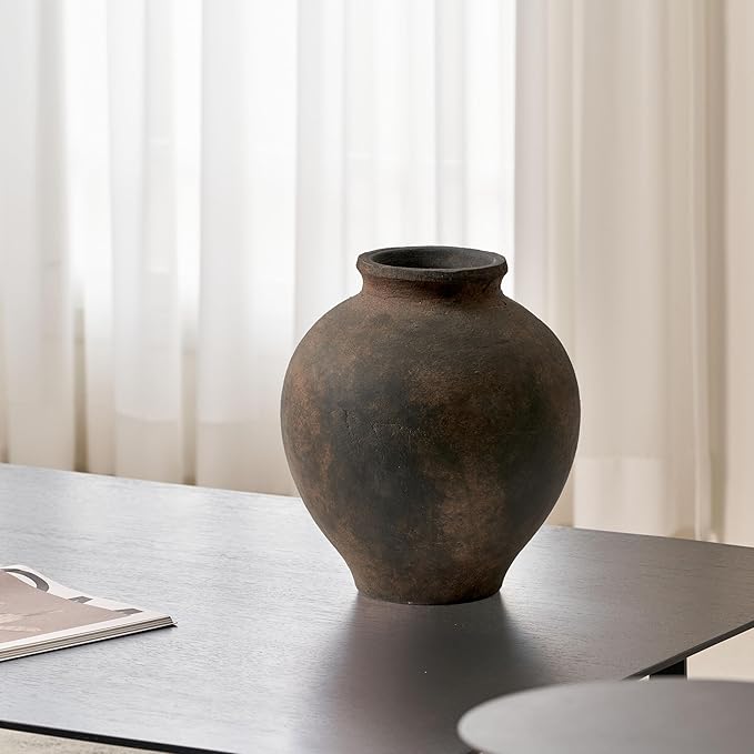 LB2 Brown Ceramic Large Vase, 11.8" Tall Zen Style vase, Terra Cotta Pitcher, Distressed Farmhouse Decor, Pottery Decorative Flower for Home Decor (C - Brown 11")