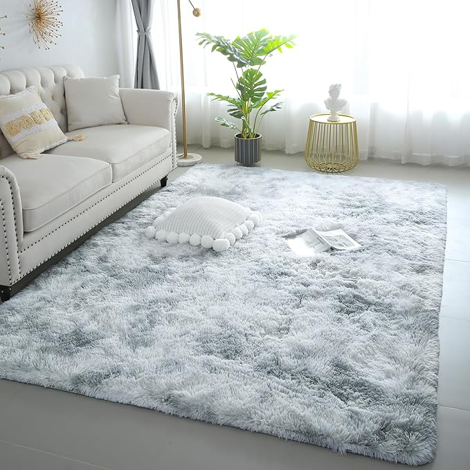 KICHOWUA 3x5 Fluffy Shag Light Grey Rug for Bedroom, Soft Fuzzy Plush Washable Non Slip Carpet, Comfy Shaggy Furry Small Area Rug for Living Room, Kids Baby Boys Girls Nursery Dorm, Tie-Dye Gray