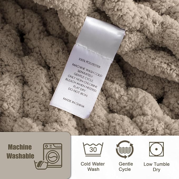 Chunky Knit Throw Blanket 50x60, 100% Handmade Chenille Yarn | 4.4lbs Soft Thick Cable Knitted Blankets, Large Rope Knot Crochet Throws for Couch Sofa Bed Machine Washable, Taupe