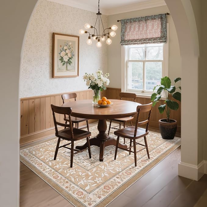 GarveeHome Provence 9x12 Area Rug for Living Room, Botanical Grove Pink Brown Scroll Cottagecore Washable Rug for Bedroom Dining Nursery Low-Pile Vintage Large Carpet