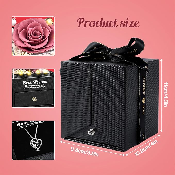 Pasuvsigt Mothers Day Mom Birthday Gifts for Women, Preserved Real Rose with I Love You Heart 100-Language Necklace, LED Lights & Music Box, Anniversary for Women Girlfriend Mom