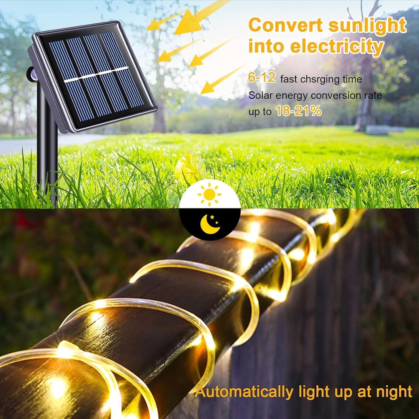 JMEXSUSS 2 Pack 100 LED Solar Rope Lights,33ft 8 Modes Solar Rope Lights Outdoor Waterproof LED Solar Powered Rope Tube for Trampoline,Fence,Gazebo,Yard,Walkway,Path(Warm White)