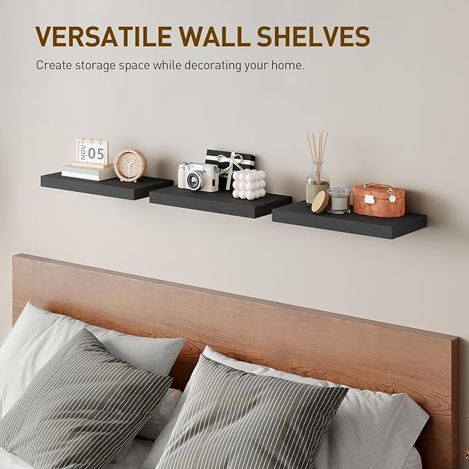 RALGEND Floating Shelves for Wall, 1.5" Thick Wall Shelf Set of 3 with Invisible Brackets, 15.7L x 7.9W Hanging Book Shelves Farmhouse Home Decor for Bathroom, Living Room, Bedroom, Black 4301BJP3BK