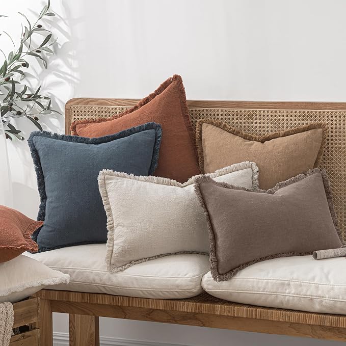 MIULEE Decorative Throw Pillow Covers Neutral Linen Fringe Throw Pillows Set of 2 Malt Ball Boho Farmhouse Cushion Covers with Tassels for Couch Sofa Bed Living Room Fall Decor 20x20 Inch