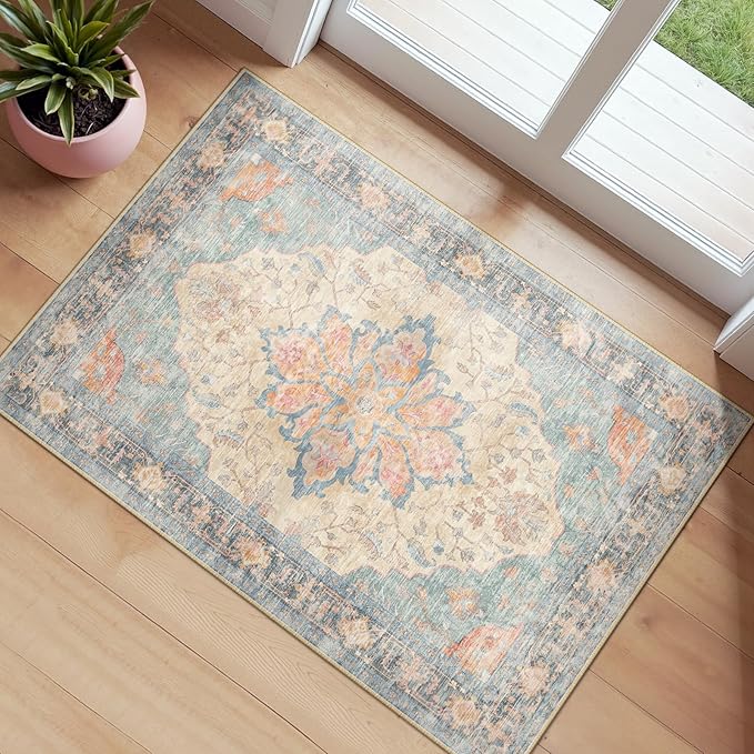 RELEANY Area Rugs 2'6''x4' Kitchen Rugs Entry Rug Small Rugs for Entryway Kitchen Bathroom Door Mat Indoor Entrance,Washable Non Slip, Blue Orange Red
