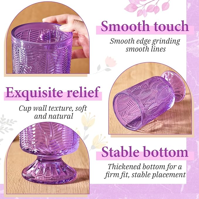 6 Pcs (H: 7" W: 4") Embossed Flower Vase Pedestal Glass Vase Big Base Thickened Crystal Vintage Vases for Wedding Party Home Decor Table Centerpiece House Warming Gifts (Purple,Classic)