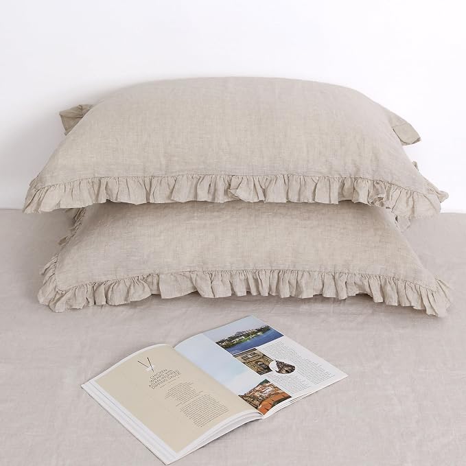 Linen Ruffled Pillow Cases,100% French Natural Linen Pillowcase Set of 2,Ruffled Linen Pillow Shams,Decorative Boho Pillow Cases Ruffle Bedding Standard Size (20''x30''),Natural Linen