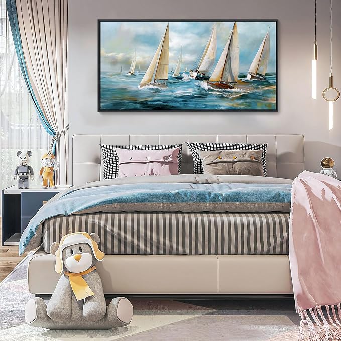 YDYSUNE Sailboat Wall Art - Blue Canvas Retro Painting Textured Picture Artwork Vintage Nautical Large Painting Coastal Modern Print Frame for Living Room Bedroom Home Decoration 24x48inch