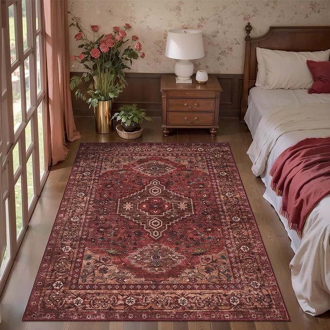 Tangsoo 3x5 Washable Rugs Oriental Area Rug, Boho Non Slip Indoor Accent Rug, Vintage Print Distressed Dark Red Carpet, Soft Low Pile Rug for Living Room Dining Bedroom Bedside Entryway