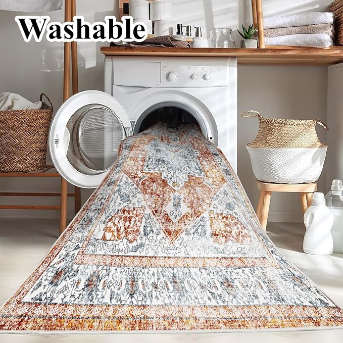CHAMPLANT 5x7 Washable Area Rug Vintage Traditional Floor Cover Foldable Thin Rug Retro Kitchen Accent Rug Indoor Distressed Non Slip Carpet Floral Print Mat Bedroom Living Room Bathroom