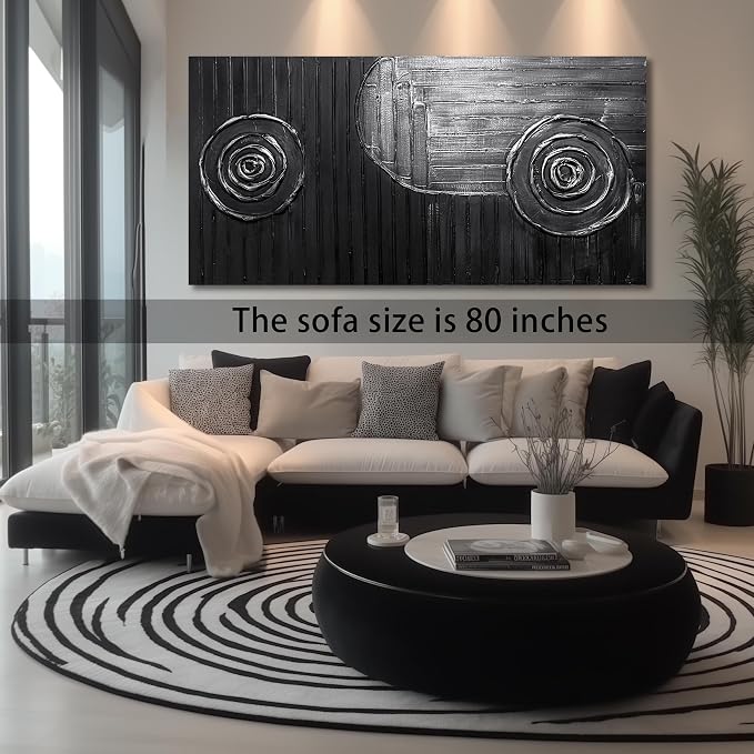 Extra Large Wall Paintings for Hotel Black and Silver Circles Wall Decorations for Living Room Abstract Office Wall Decor Size 36 x 72 Inch