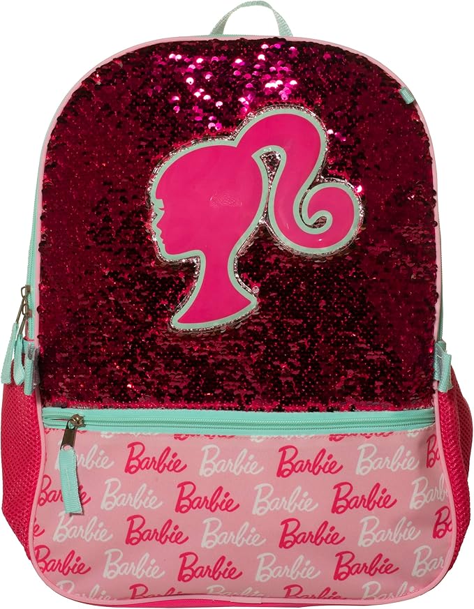 AI ACCESSORY INNOVATIONS Barbie 4 Piece Backpack Set, Sparkle & Shine with this Magic Flip Sequin School Bag for Girls with Zip Front Pocket, Pink