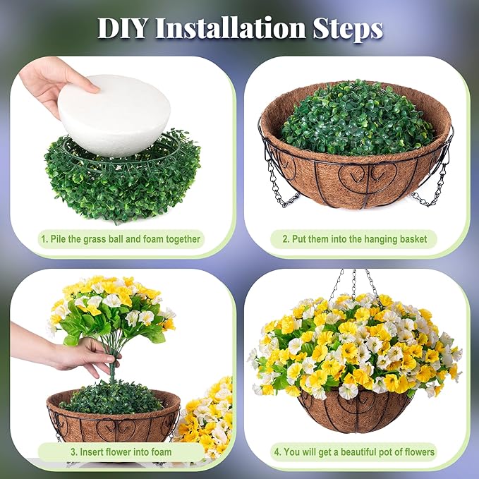 Ammyoo Artificial Hanging Flowers with Basket, Faux Silk Petunias Flower Arrangement, Coconut Lining with Morning Glories Fake Plants Patio Garden Porch Deck Fall Decor(Yellow and White)