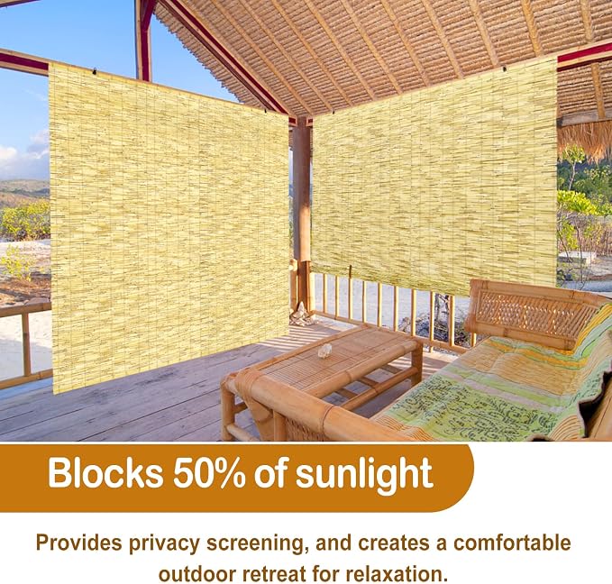 DoubleFill 2 Pcs Bamboo Shades Outdoor Reed Roll up Blinds 72" W x 72" H Blackout Sunshade Cordless Bamboo Blinds for Home Porch, Patio & Windows Decor Shutters Sunlight Privacy Screen(Natural)