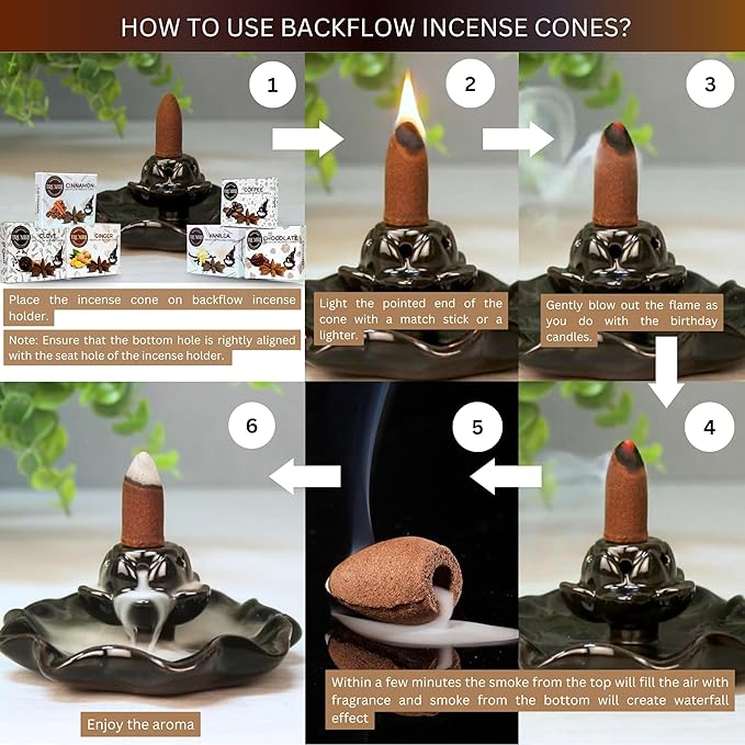 Gourmet - Backflow Incense Cones for Waterfall - Scented Inscents-Cones - Cinnamon, Vanilla, Coffee, Chocolate, Clove, Ginger - Insiensos Aromaticos - 6x10=60 Large Variety Pack