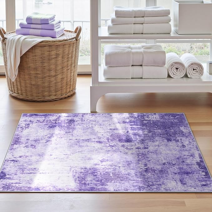 RELEANY Washable Area Rugs 3'x5' Non-Slip Modern Abstract Soft for Living Room Entryway Bedroom Nursery, Print Pattern, Purple Gray Pink White