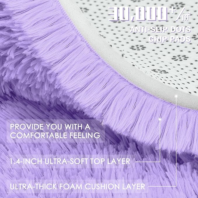 OLANLY Light Purple Round Rugs for Bedroom - Machine Washable, 7 ft Circle Area Rugs for Living Room, Soft and Fluffy Shaggy Carpet for Teen Girls and Boys, Nursery Rooms, Dorms, Home Decor Aesthetic