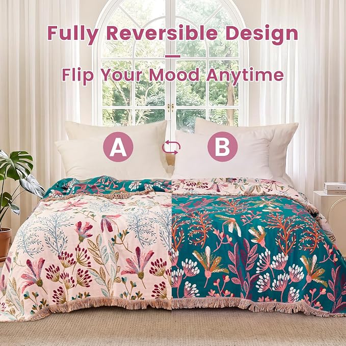 MSGKV Boho Throw Blanket for Bed 60"x80" Floral 100% Cotton Couch Blanket Summer Breathable Lightweight Farmhouse Flower Twin Size Blankets for Sofa Home Decor Muslin All Seasons