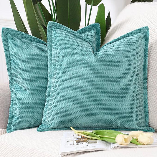 MADIZZ Decorative Chenille Velvet Throw Pillow Covers Set of 2 Soft Boho Textured Neutral Couch Throw Pillow for Bed Modern Farmhouse Home Decor for Sofa Livingroom Turquoise 24x24 Inch Euro Sham