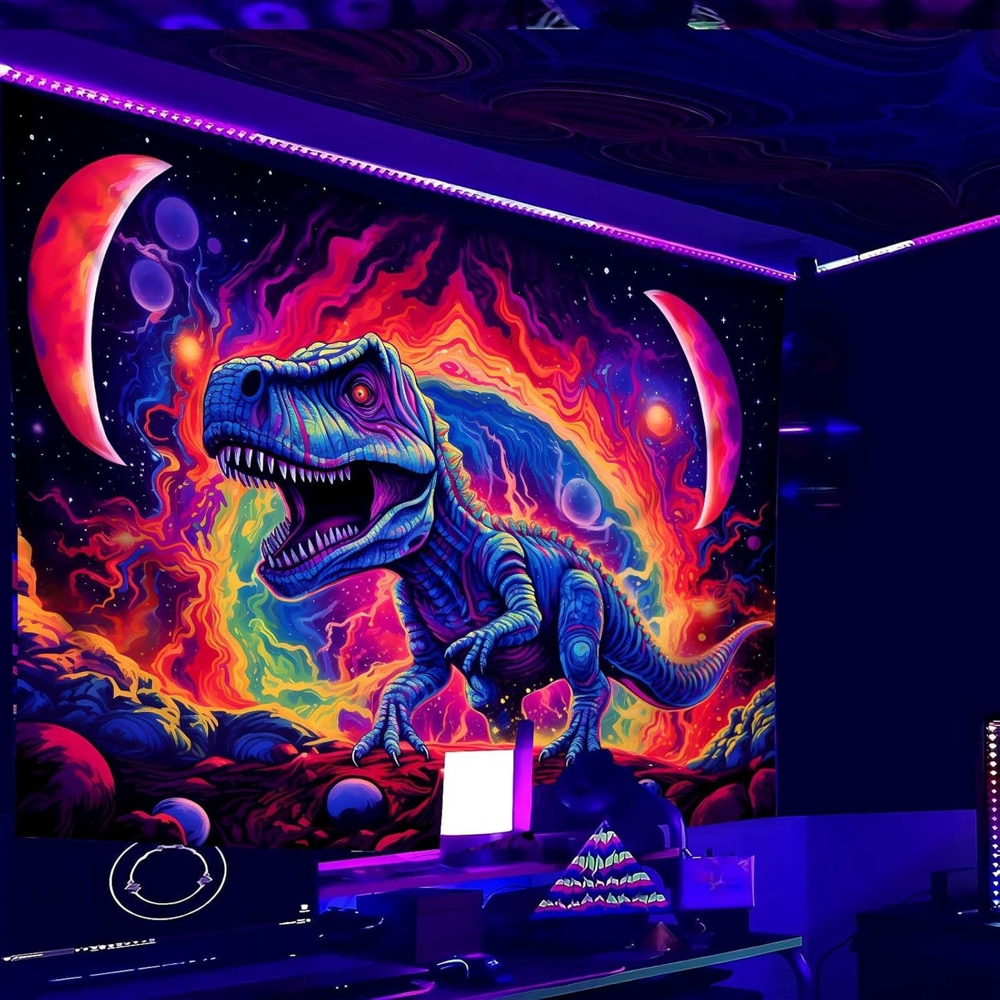 Dinosaur Wall Art, Blacklight Posters for Boys Room, UV Tapestry for Bedroom, Trippy Kids Wall Hanging, Dino Wall Decor (29x37in)