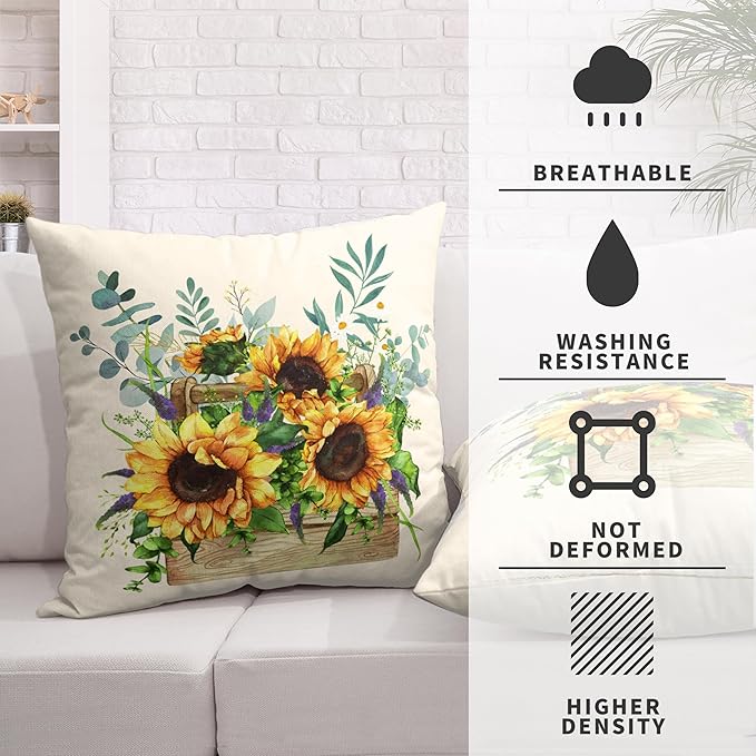 Watercolor Sunflower Throw Pillow Covers Set of 2 Vintage Floral Spring Pillow Case 16x16 Yellow Flowers Two Sided Print Square Cushion Case for Living Room Outdoor Car
