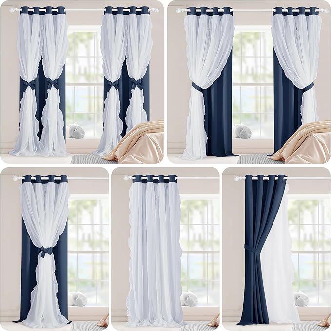 PONY DANCE Blackout Curtains for Living Room Decor Window Treatment Double Layer Drapes Ruffle Sheer Overlay Farmhouse Rustic Design, W 52 x L 84 Inches, Navy Blue, 2 Panels