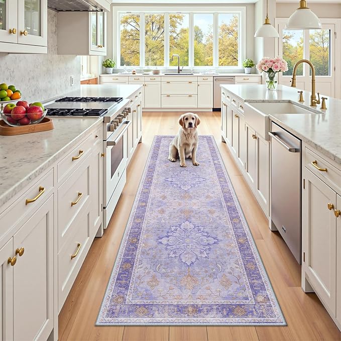 RELEANY Area Rugs 2'6''x8' Runner Rug Non Slip Washable for Kitchen Hallway Bedroom Beside Laundry Room Bathroom Rug, Floor Carpet, Light Purple Brown