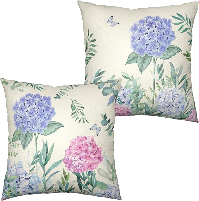 Pack of 2 Hydrangea Pillow Covers 22x22 Spring Summer Flower Pillows Decorative Throw Pillows Cover for Living Room Outdoor Patio Sofa Floral Butterflies Pillow Case