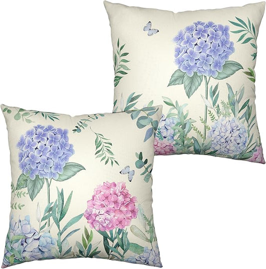 Pack of 2 Hydrangea Pillow Covers 22x22 Spring Summer Flower Pillows Decorative Throw Pillows Cover for Living Room Outdoor Patio Sofa Floral Butterflies Pillow Case