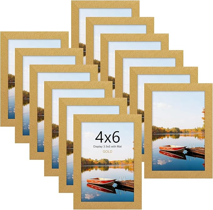 Picrit 4x6 Picture Frame Set of 12, Display 3.5x5 with Mat or 4x6 without Mat, Photo Frames for Wall Mounting or Table Top Display, Gold