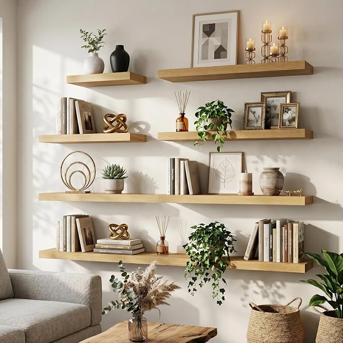24 Inch Floating Shelves for Wall, 8"D Wood Storage Shelves, Oak Finish | Engineered Wood, Invisible Bracket, Large Storage, Easy Install, Hold Up to 44lbs, Living Room, Bathroom, Bedroom, Kitchen