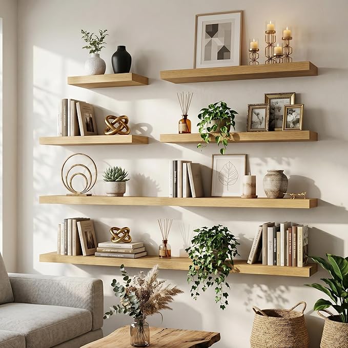 30 Inch Floating Shelves for Wall, 8"D Wood Storage Shelves, Oak Finish | Engineered Wood, Invisible Bracket, Large Storage, Easy Install, Hold Up to 44lbs, Living Room, Bathroom, Bedroom, Kitchen