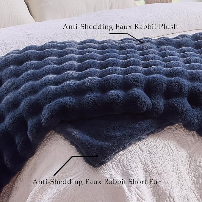 BENVWE Fluffy Faux Fur Throw Blanket for Couch, Soft Plush Thick Cozy Fuzzy Luxury Minky Bubble Blanket for Home Living Room Decor Gift for Women, Navy Blue, 63" x 80", 1100GSM