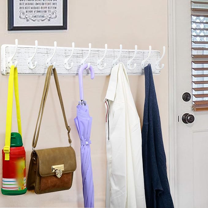WEBI Coat Rack Wall Mount,10 Hooks,38 9/16" Long Coat Hooks Wall Mounted Large,16" Hole to Hole,Wood Coat Hanger Wall,Hooks for Hanging Coats,Jacket,Clothes,Hats,White,2 Packs