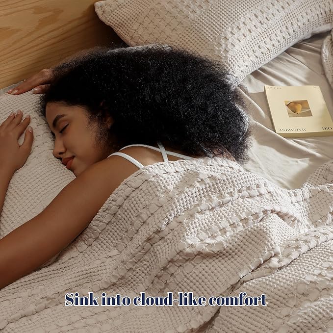 PHF 100% Cotton Ruffle Waffle Pillow Shams King Size, 2 Pack 20" x 36" Soft Skin-Friendly Pillowcases, No Filling, Aesthetic Home Decor, Breathable Waffle Weave Bed Pillow Covers, Oatmeal