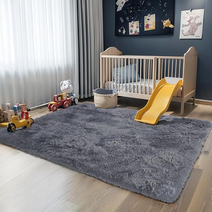 KICHOWUA 4x6 Grey Fluffy Shag Rug for Bedroom, Soft Plush Fuzzy Washable Non Slip Carpet for Living Room, Gray Modern Floor Cozy Furry Shaggy Throw Area Rugs for Kids Boys Baby Nursery Dorm Room