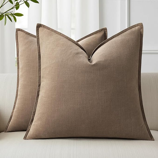 decorUhome Summer Decorative Linen Euro Sham Throw Pillow Covers 22x22 Inch Set of 2 Light Brown Pillow Covers with Flange Edges Soft Farmhouse Boho Accent Pillow Cases for Couch Bed Living Room