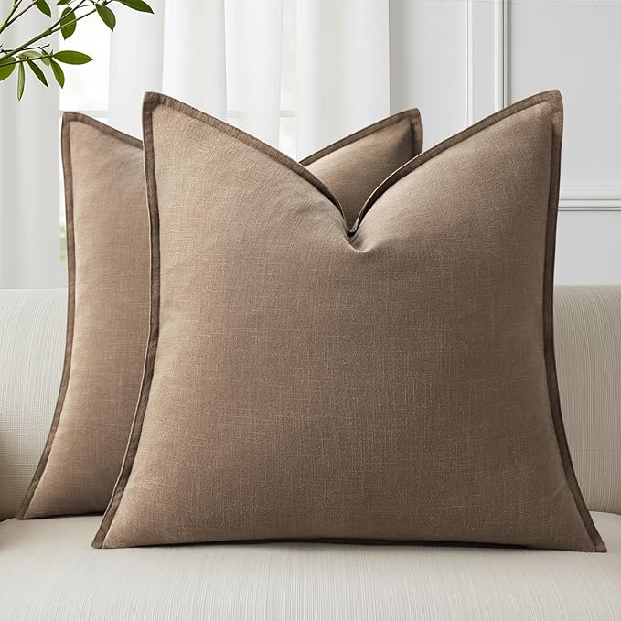 decorUhome Summer Decorative Linen Euro Sham Throw Pillow Covers 24x24 Inch Set of 2 Light Brown Pillow Covers with Flange Edges Soft Farmhouse Boho Accent Pillow Cases for Couch Bed Living Room