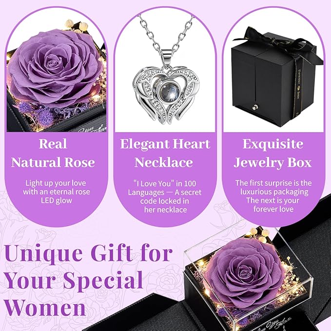 FIACO Gifts for Mom Preserved Real Roses with I Love You Necklace Fresh Forever Flowers Mothers Day Flower Gifts for Women Grandma Anniversary Birthday Gift for Girlfriend Wife Daughter