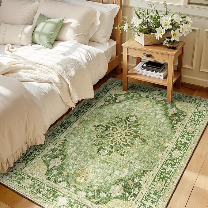 RELEANY Area Rugs 3'x4' Washable Non-Slip, Floral Vintage Distress Print Pattern Medallion Carpet for Living Room Bedroom Dining Room, Sage Green Yellow