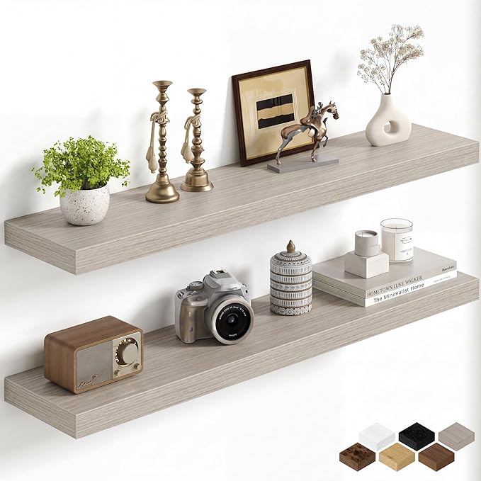 Fun Memories 40Inch Floating Shelves for Wall, 8 Inch Deep Shelves for Bathroom|Bedroom|Kitchen, Large Wall Mounted Wood Hanging Shelf with Invisible Brackets for Home Storage Decor, Grey - 2 Pack