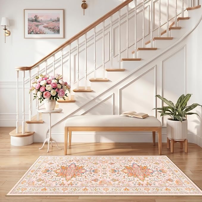 RELEANY Area Rugs Runner 2'6"x5' Washable Non-Slip, Floral Vintage Distress Medallion Carpet for Kitchen Hallway Bedroom Beside Laundry Room Bathroom, Light Pink Colorful