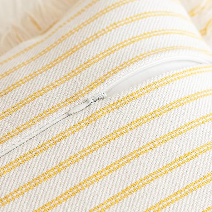 YEENAASY Throw Pillow Covers 16x16 Set of 2 Striped Fringe Pillow Cover Farmhouse Cushion Covers with Tassel Neutral Boho Pillows Decorative Square Pillowcase for Couch Sofa Bed, Yellow