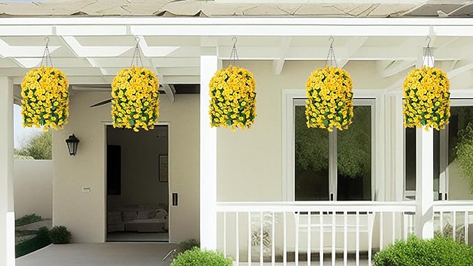 Ammyoo Artificial Faux Hanging Flowers Basket for Spring Summer Outdoor Porch Decor, Fake Silk Colorful Morning Glory Eucalyptus in Planter UV Resistant Look Real for Home Balcony Yard(Yellow)